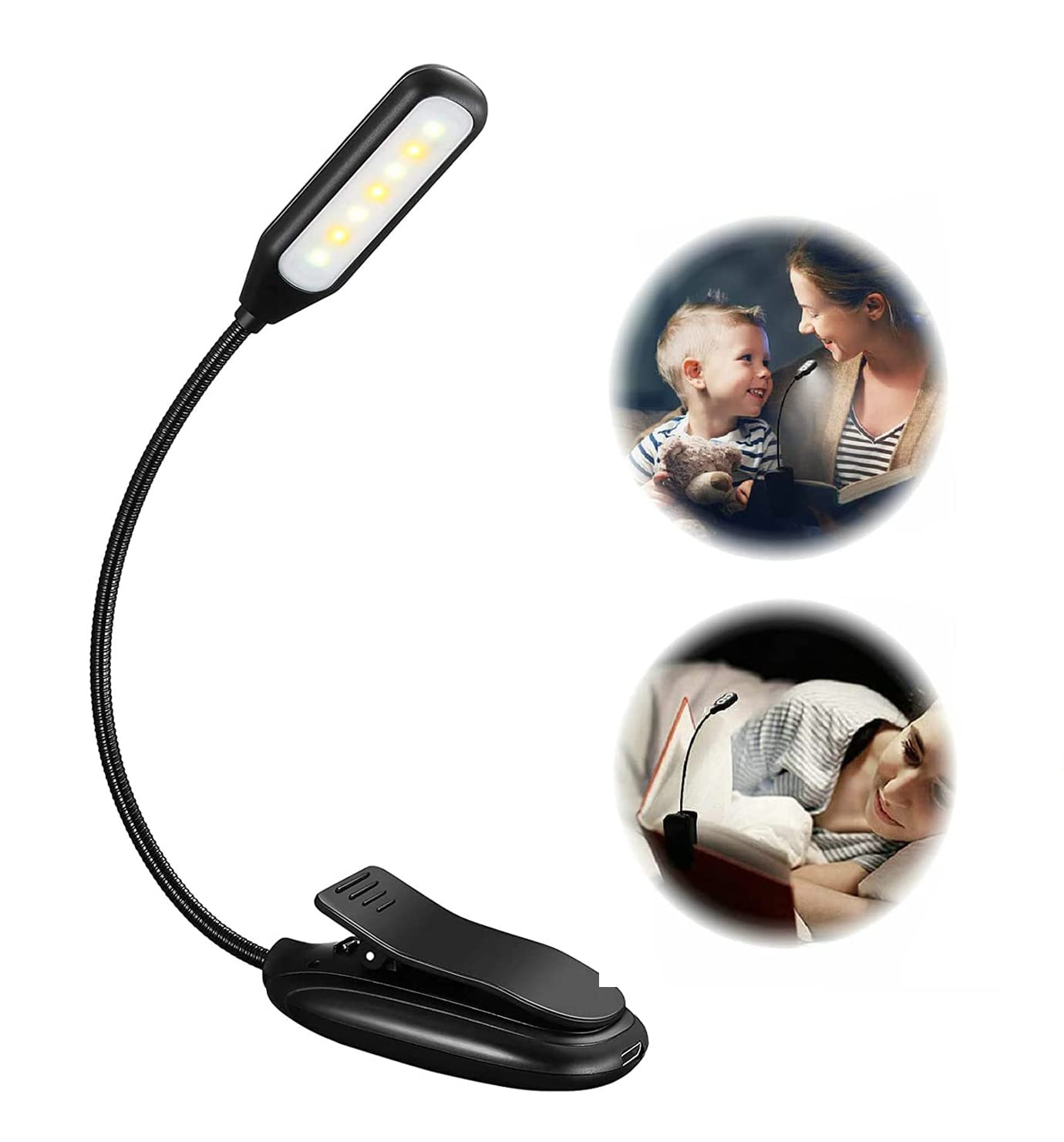 Book Light, 9 Modes, 7 LED Clip Light, Up to 60 Hours, Eye-Care USB Rechargeable Lamp for Kids, Flexible Clip-on for Reading in Bed, Black
