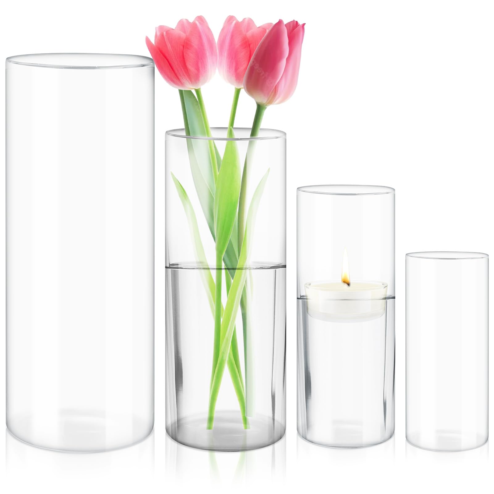 4 Pezzi Portacandele Cilindrici in Vetro, Porta Candele Trasparente, Vasi Candelabri, Vaso per Fiori per Matrimoni, Decorazioni, Sala da Pranzo, Feste e Centrotavola
