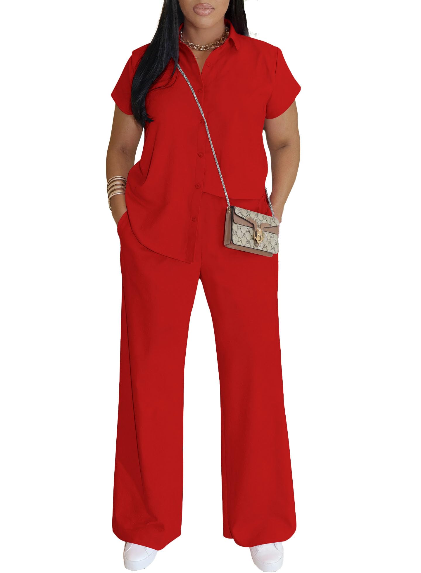 Women's Summer 2 Piece Outfits lounge Short Sleeve Button Down Crop Top Wide Leg Long pants sets Red M-image-8