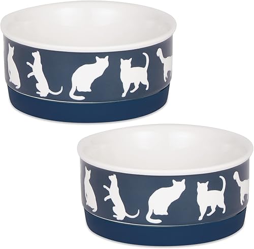 Bone Dry Cuencos de cerámica para gatos, aptos para microondas y lavavajillas, juego pequeño, 4.25 x 2, azul marino, 2 unidades