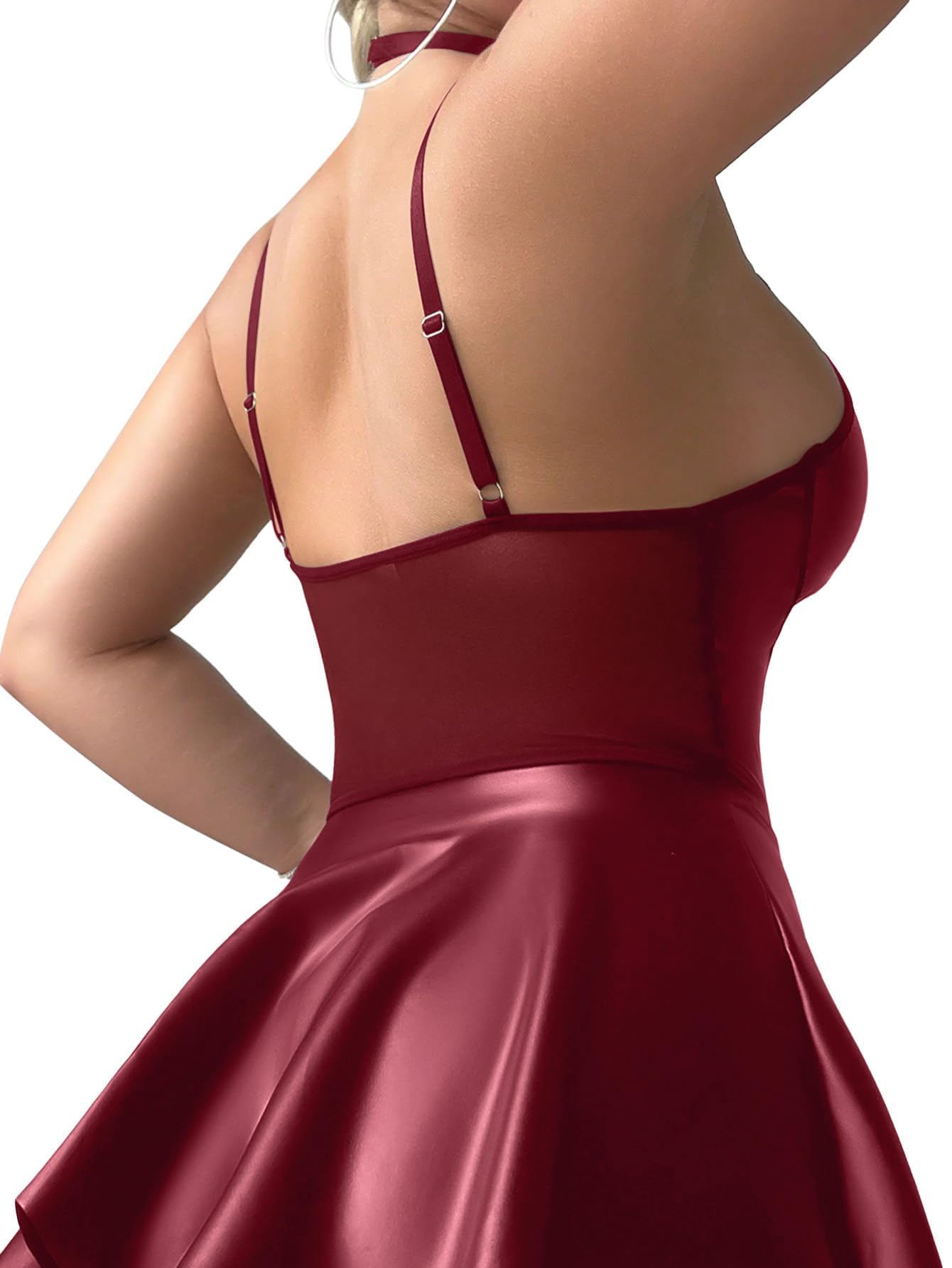 Foxiny Sexy Strappy Leather Underwire Choker Garter Belt Mini Lingerie Set Dress with Thong 3 Piece: Regular Large Wine Red