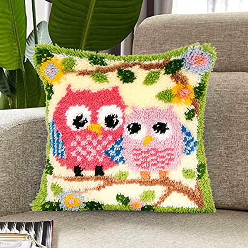 Image of clubevy DIY Latch Hook Kits Pillow Case Embroidery Carpet Set Needlework Pillow Cover Sofa Cushion Cover Craft Kits 17x17 inch (Owl 2)