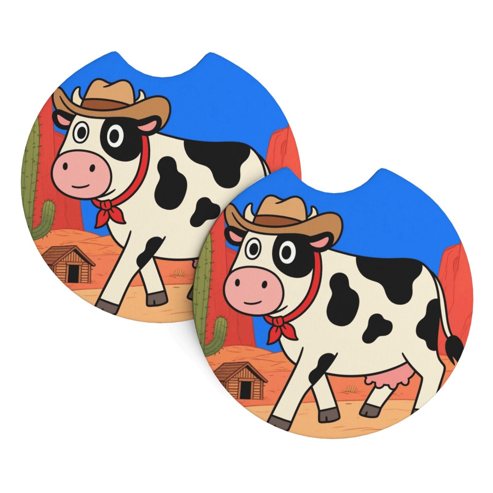 2 Pack Car Coaster for Cup Holders Retro Western Cow Car Cup Coaster 2.7" Neoprene Non-Slip Automotive Cup Mat Universal Auto Car Interior Accessories for Women Men Cup Pad