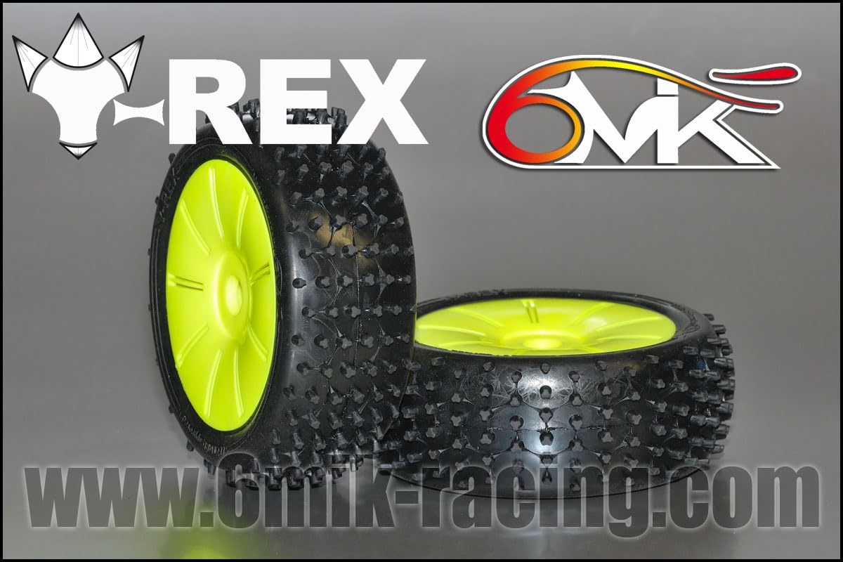 Pneu 6mik T-REX su cerchione giallo gomma 15/25° - Montati e incollati - Buggy TT RC 1/8 - auto telecomandata - Competizioni - Set di 4 pneumatici