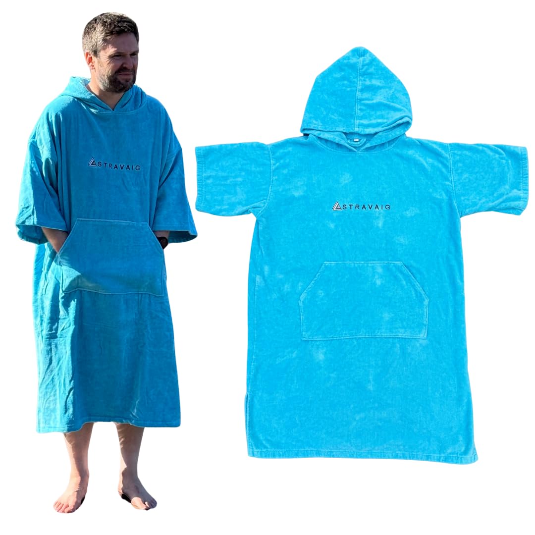 Stravaig Towelling Poncho for Adults and kids (350gsm) - Easy Changing Towelling Robe for Swim, Surf, Wild Swimming, Beach (Blue, L-XL)