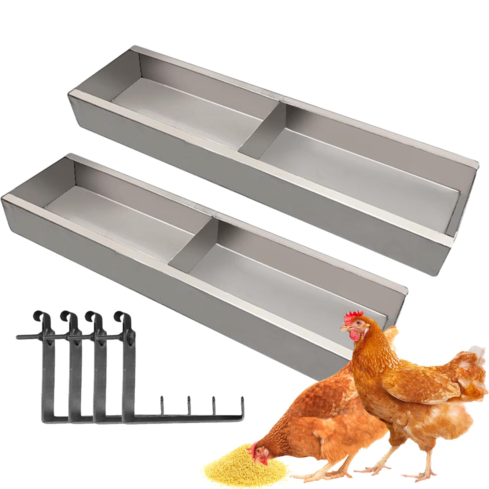 2 Pack Multifunctional Chicken Feeder, Hanging Chicken Feed Trough, Stainless Steel Trough, Chicken Feeder and Waterer Set, for Poultry Livestock. (50