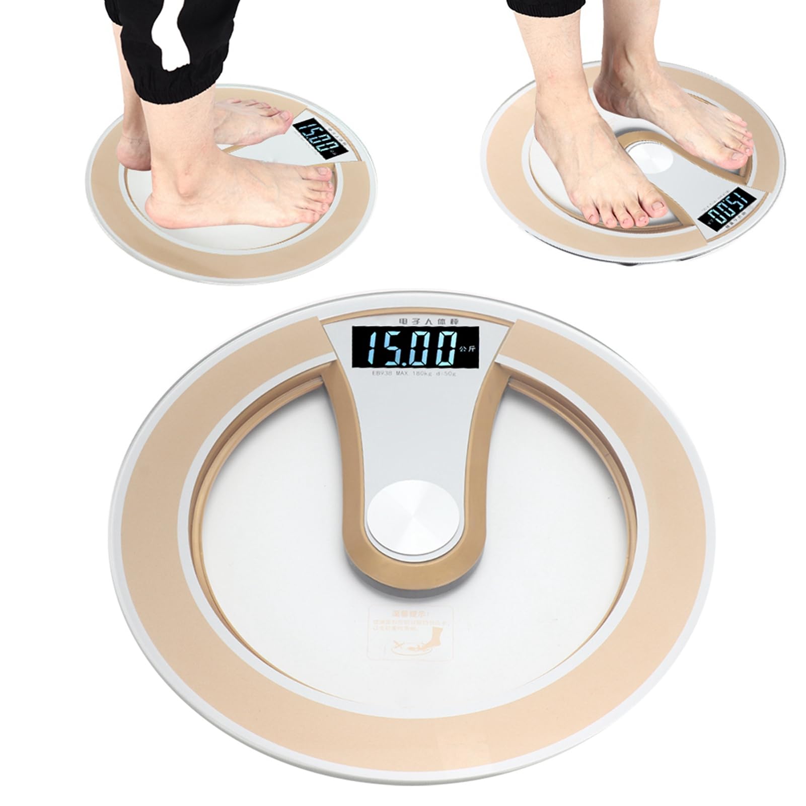 Pongnas Báscula Eléctrica Redonda Inteligente Digital con Pantalla LCD para el Cuerpo, Báscula de Alta Precisión para Gimnasio en Casa, Baño, Vidrio Templado, Dorado, Negro, 330x330x33mm (GOLD)