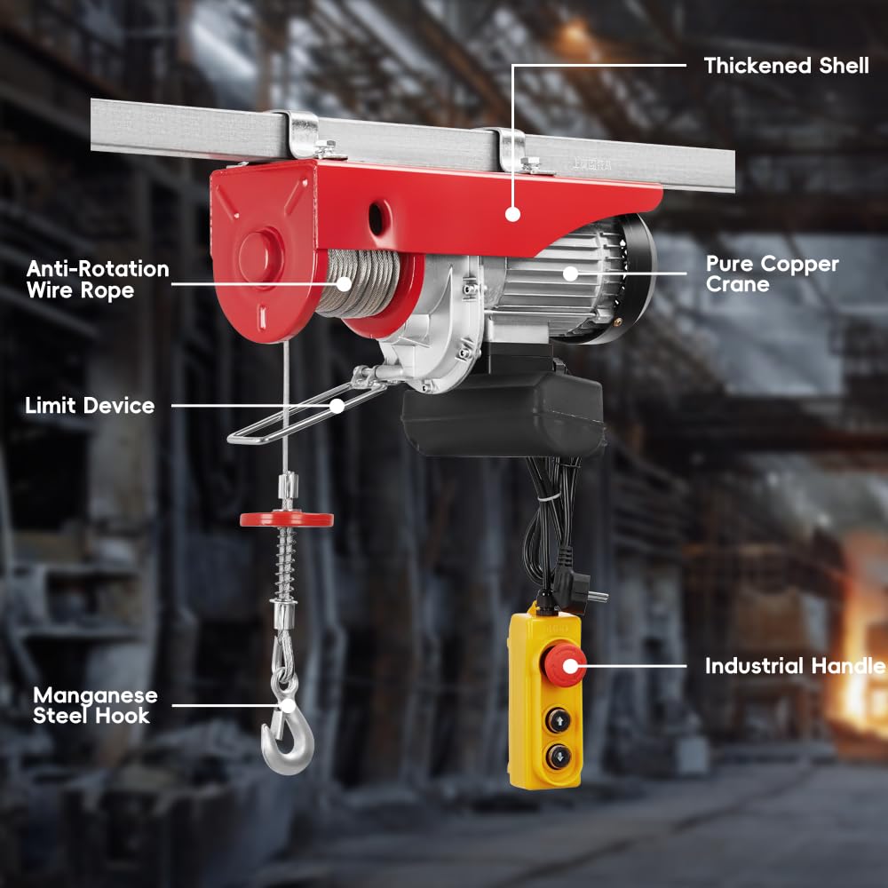 TEENO Paranco elettrico 1450 W, Sovraccarico Ascensore Verricello elettrico 220 V 20 M, sospensione singola e doppia, 400 KG/800 KG, 6 m/min |12 m/min Rosso (400 kg/800 kg)