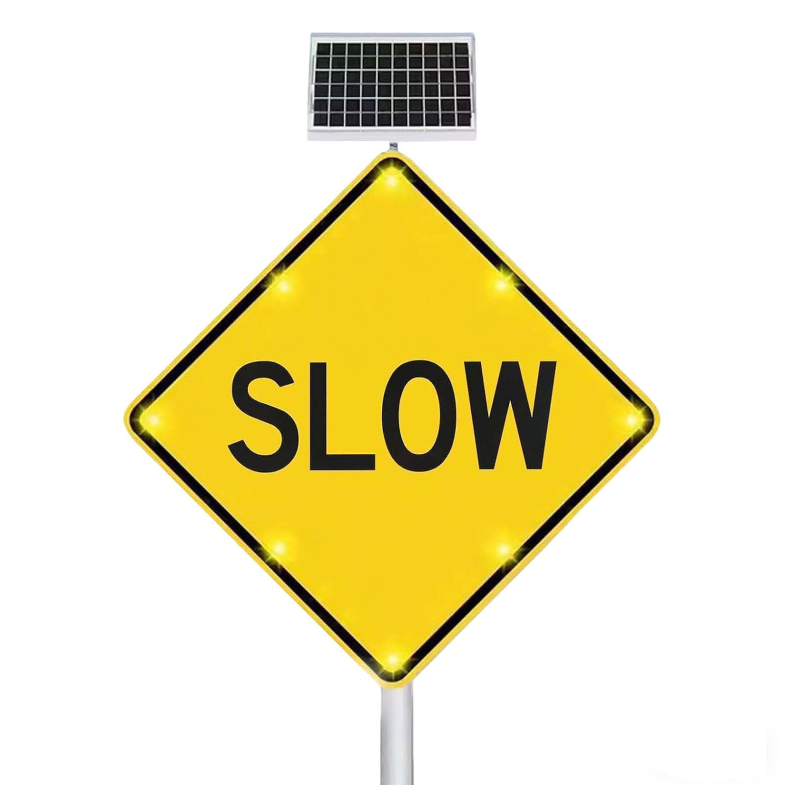 Cielobloen Multicolor Solar Powered Slow Down Sign – 24/30 Inch, Reflective Aluminum Sign Outdoor Traffic Road Safety Slow Board, Led Flashing, Ip65, Yellow, For Driveways & Streets 30"