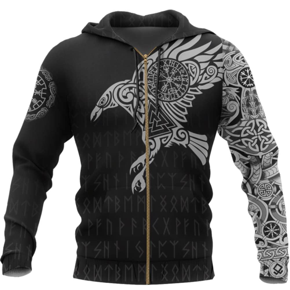 Męskie Bluzy Rozpinane Viking Tattoo The Raven of Odin Bluza Nadrukiem 3D Unisex Jesienna Nowość Odzież (Rozmiar US),White raven zipper,L