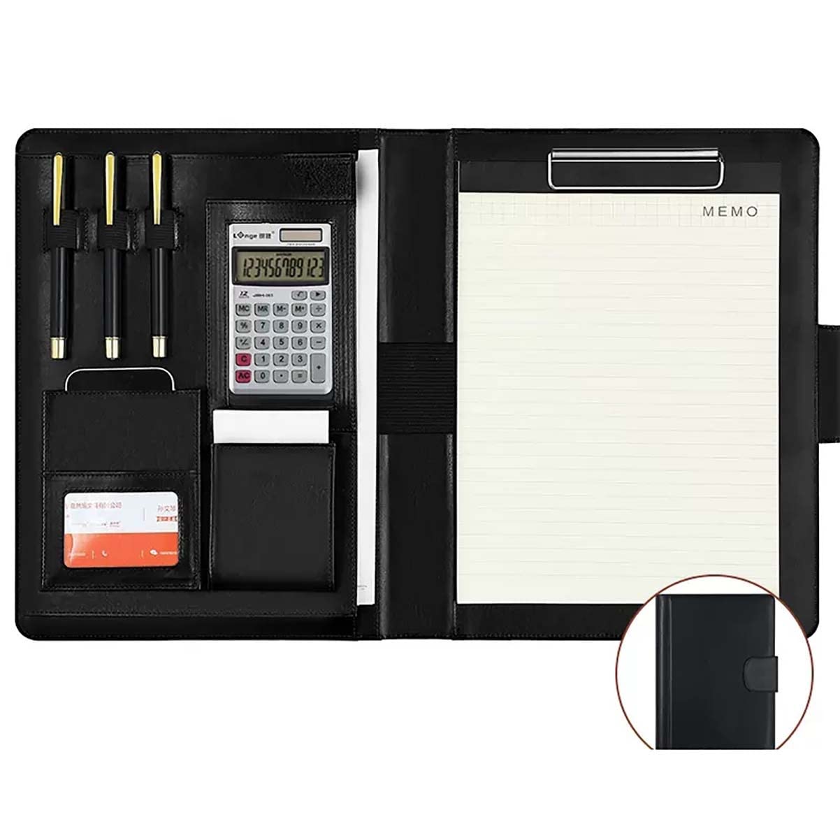 Segregator A4 Padfolio, segregator A4 ze skóry PU z notatnikiem, kalkulator 8/12-cyfrowy, opakowanie 3 sztuk, brązowo-czarny, czarno-12-cyfrowy kalkulator solarny,Black-12 digit solar calculator