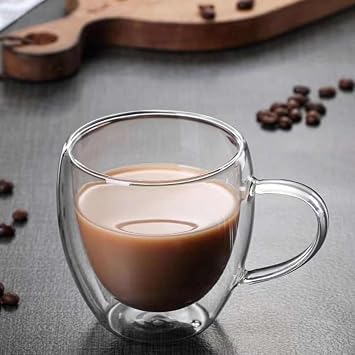 Double Layer Glass Mug Cup 250 ml Lux Double Wall mug - Thermos Cup - Long Time Hot-Cold Keeping feature with Two Walls Structure, Coffee Espresso Cup with Handle Brosilicate double layer Cup