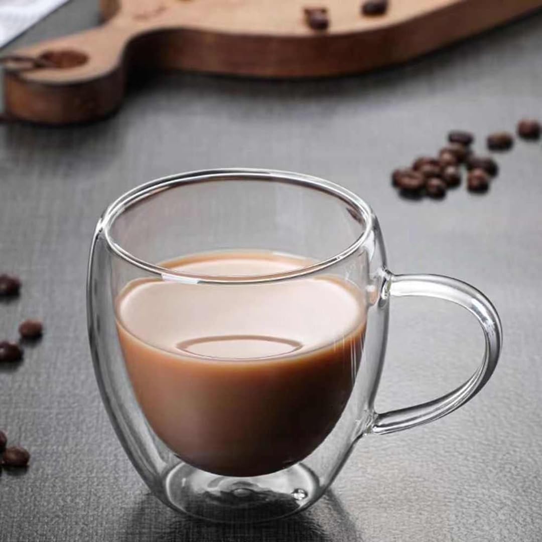 renovon Çift Katmanlı Cam Kupa Bardak 250 ml Lüx Çift Cidarlı kupa - Termos Bardak - İki Duvarlı Yapısı ile Uzun Süre Sıcak-Soğuk Tutma özelliği, Kulplu Kahve Espresso Bardağı Brosilikat double layer Cup