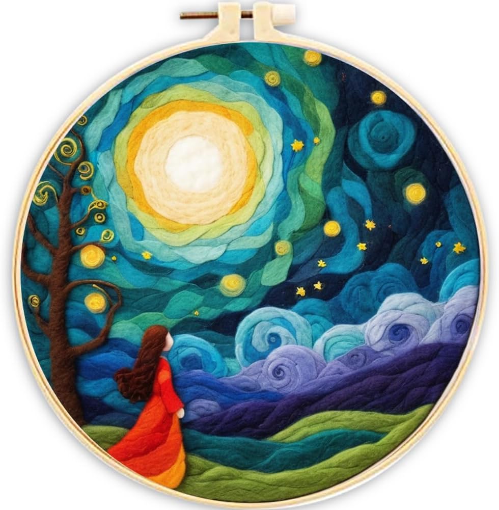 ABEUTY Needle Felting Kits Picture for Beginners Adults, Red Woman Starry Night Scene DIY Wool Felt Painting Starter Kit with Embroidery Hoop and Tools for Home Decor (Moon)