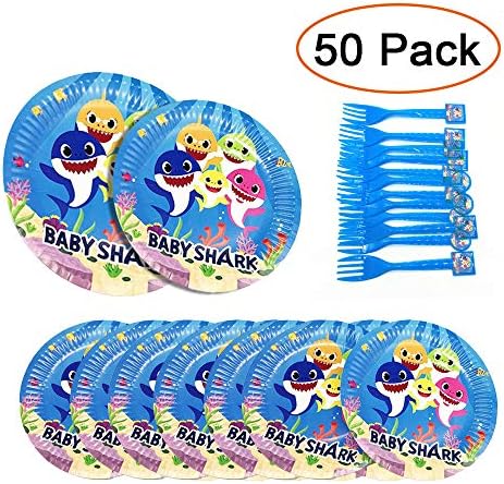 Know me Baby Shark Birthday Party Supplies Set, 50pcs Baby Shark Plates Party Decoration Cake Paper Dessert Forks Set for 30 Guest