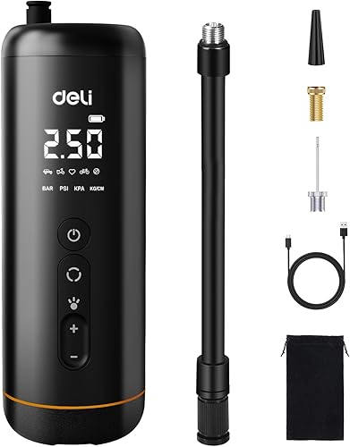 Deli Compresor de aire portátil para inflado de neumáticos, bomba de bicicleta inalámbrica 2 veces más rápida, bomba de neumáticos de 150 PSI para