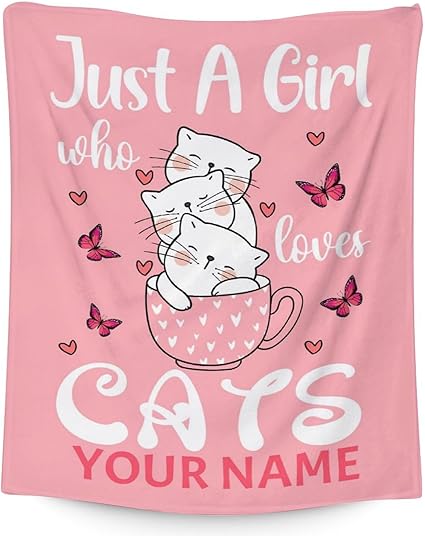 Personalized Cat Blanket Gifts with Name - 60"x80" Cute Throw for Girls - Pink Soft Fuzzy Blankets for Bed, Couch & Living Room