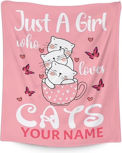 Personalized Cat Blanket Gifts with Name - 60"x80" Cute Throw for Girls - Pink Soft Fuzzy Blankets for Bed, Couch & Living Room