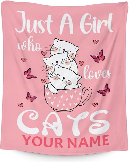 Personalized Cat Blanket Gifts with Name - 60"x80" Cute Throw for Girls - Pink Soft Fuzzy Blankets for Bed, Couch & Living Room