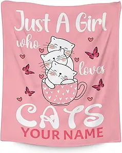 Personalized Cat Blanket Gifts with Name - 60"x80" Cute Throw for Girls - Pink Soft Fuzzy Blankets for Bed, Couch & Living Room