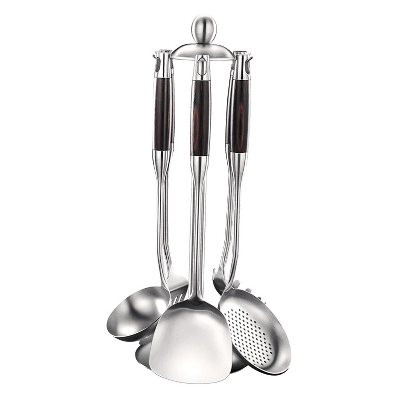 Juego de utensilios de cocina, 7 piezas de acero inoxidable con soporte, apto para lavavajillas, asas con aislamiento térmico, pulido de espejo, diseño antiquemaduras