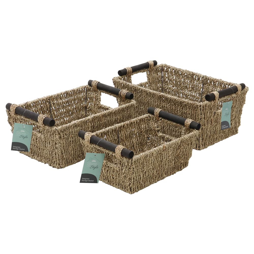JVL Seagrass Set of 3 Tapered Storage Baskets with Wooden Handles