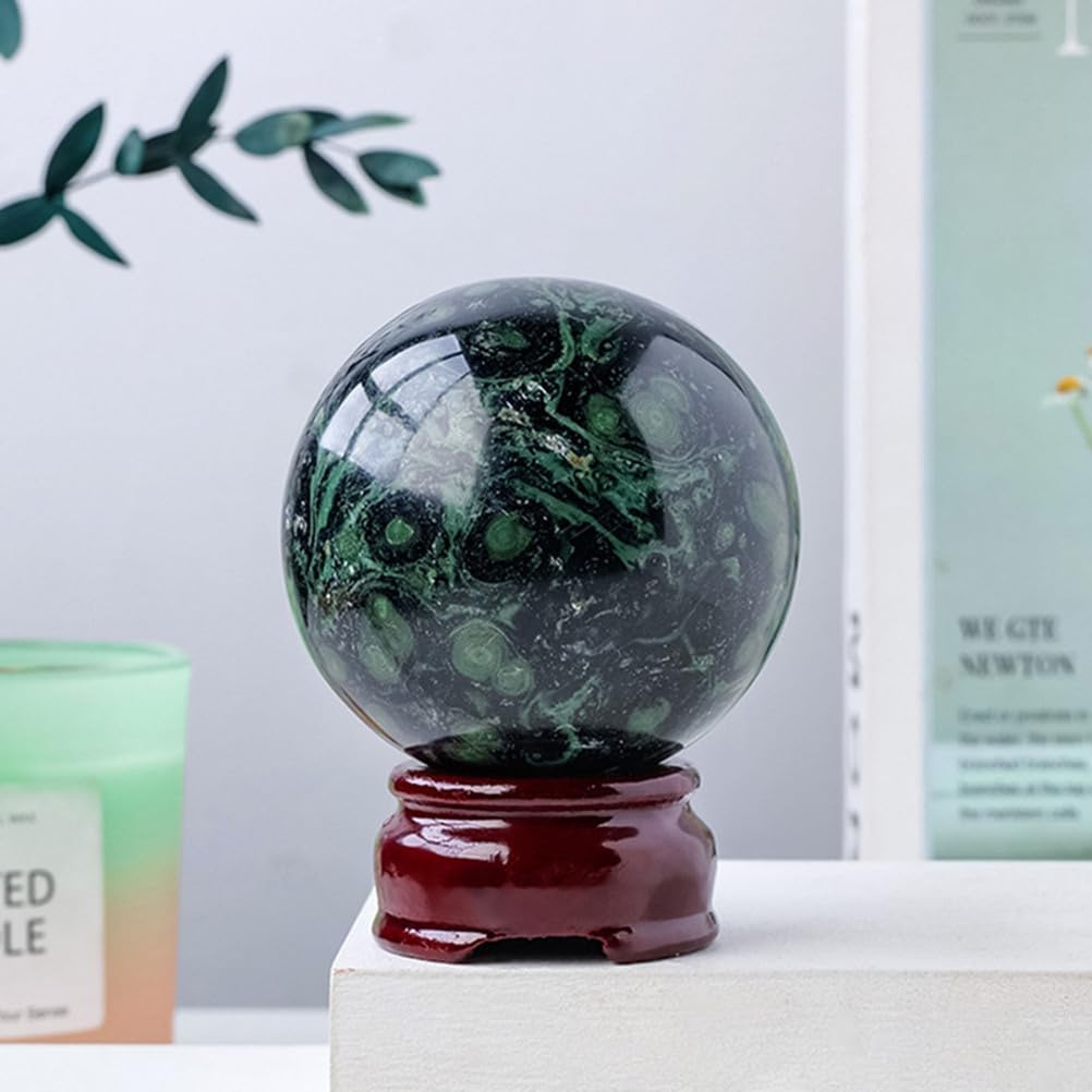 Green Malachite Crystal Ball with Wooden Base Elegant Desktop Ornament Polished Gemstone Sphere for Home Living Office Decorations,75~80mm