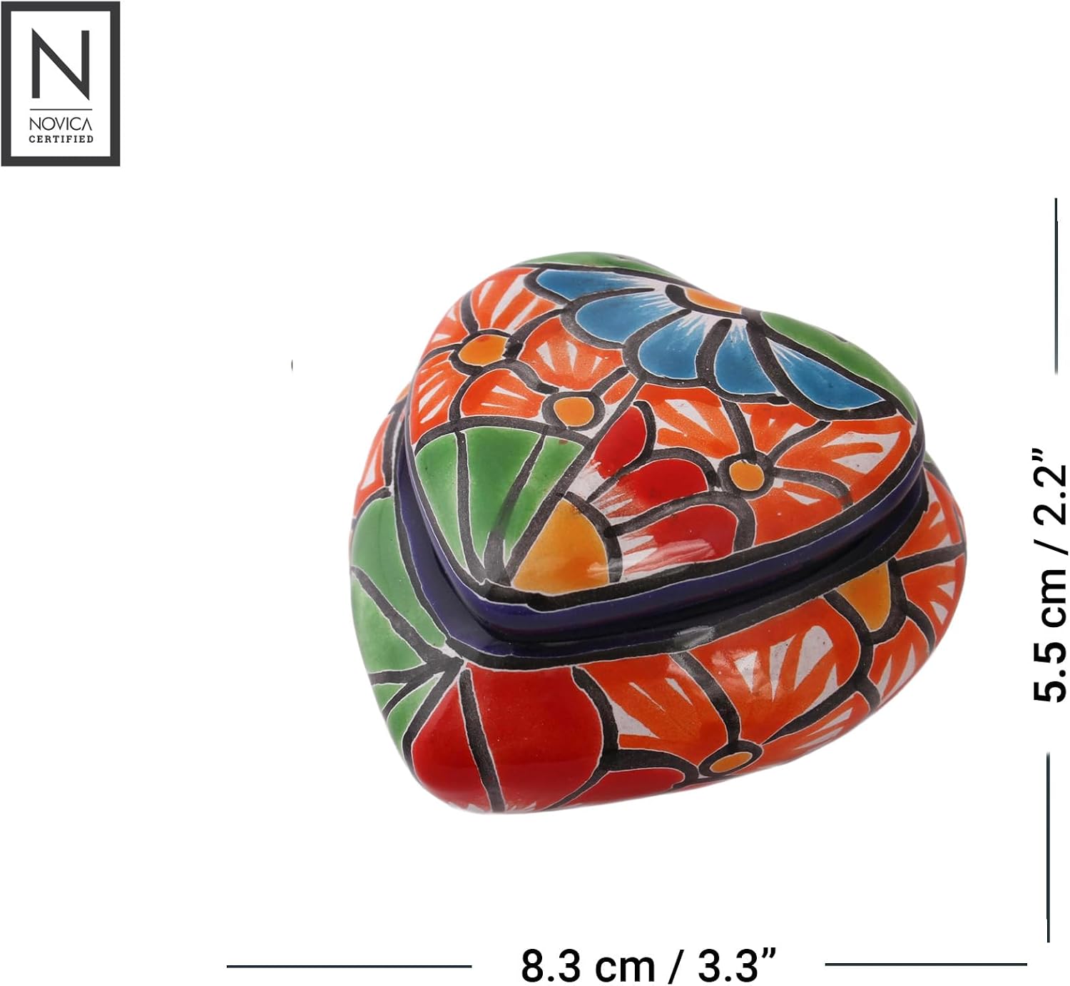 NOVICA Artisan Handmade Ceramic Decorative Box Heartshaped Talaverastyle Multicolor Mexico Accessories Boxes Floral Painted Folk Hacienda [2.2in H x 3.3in W x 3.6in D] ' Floral Heart'