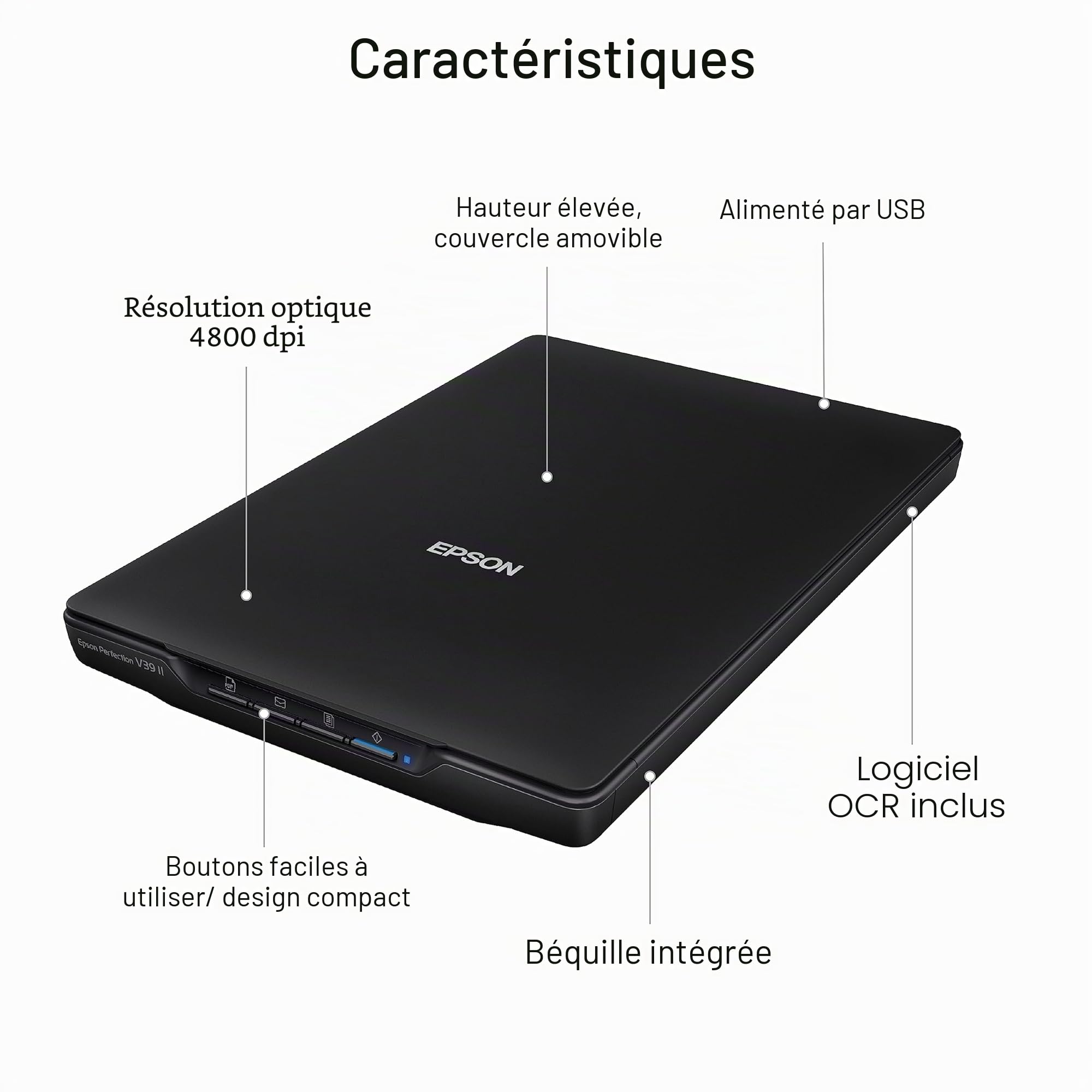 Epson Perfection V39 II Scanner Couleur à Plat pour Photos et Documents avec résolution Optique de 4800 dpi, numérisation vers Le Cloud, Alimentation USB et Couvercle Amovible Haute Hauteur