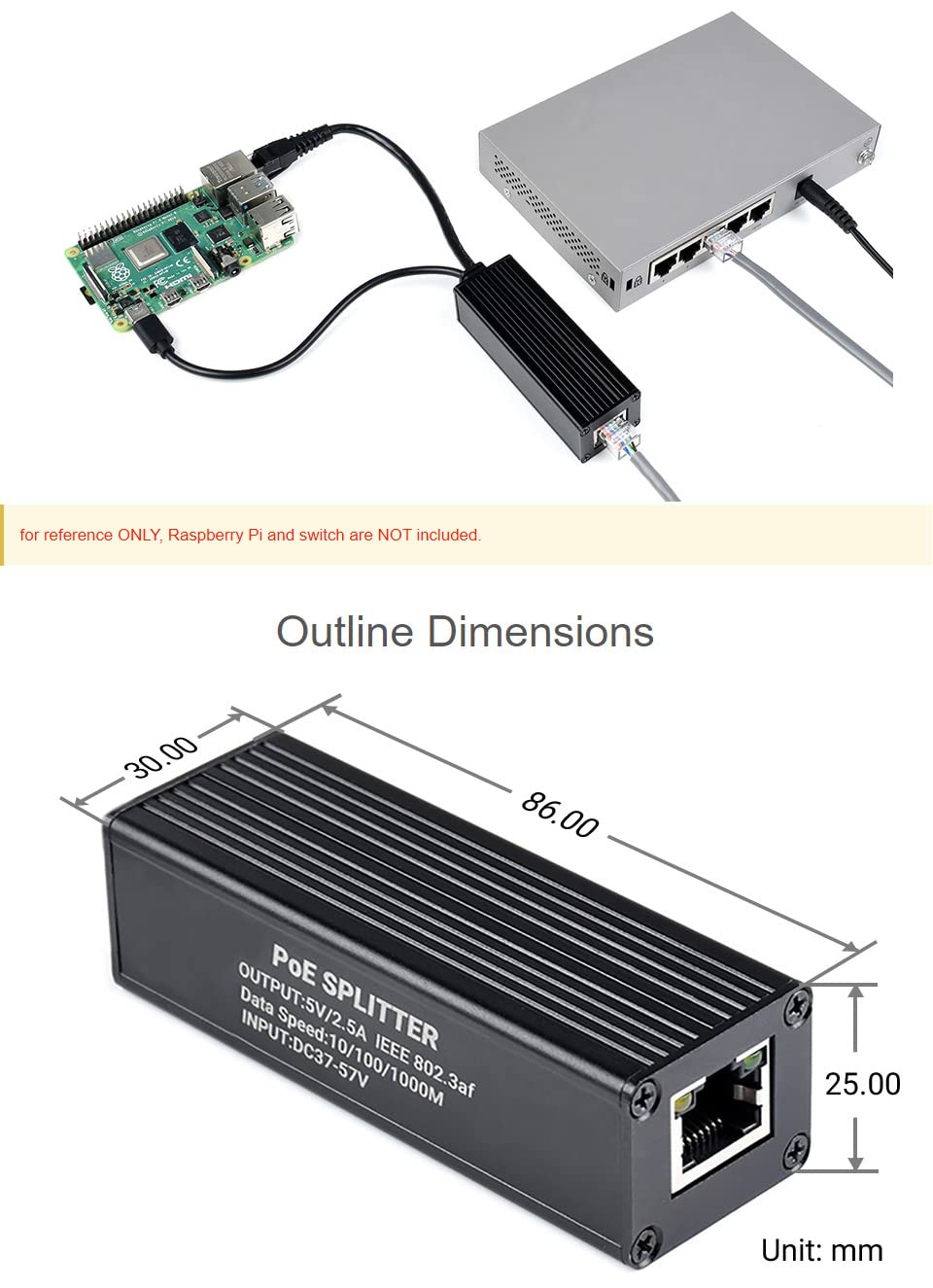 Waveshare Industrial Gigabit PoE Splitter with Metal Case protection,5V 2.5A Type-C Out