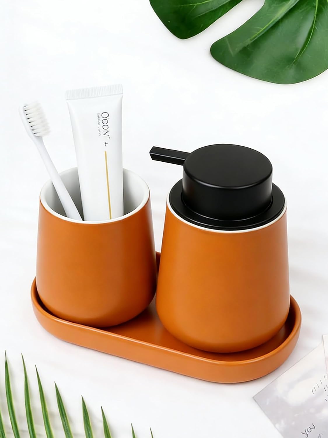 BosilunLife Ceramic Bathroom Accessories Set 3 Pcs, Liquid Soap Dispenser and Toothbrush Holder with Tray, Modern Farmhouse Vanity Decor, Orange Housewarming Gift