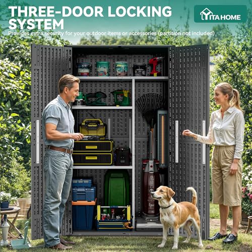 Image of YITAHOME 60 cu ft Tall Outdoor Storage Shed w /o Shelf, Resin Vertical Outdoor Storage Shed, Large Waterproof Storage Cabinet for Garage, Poolside, and Garden (Dark Gray + Black)