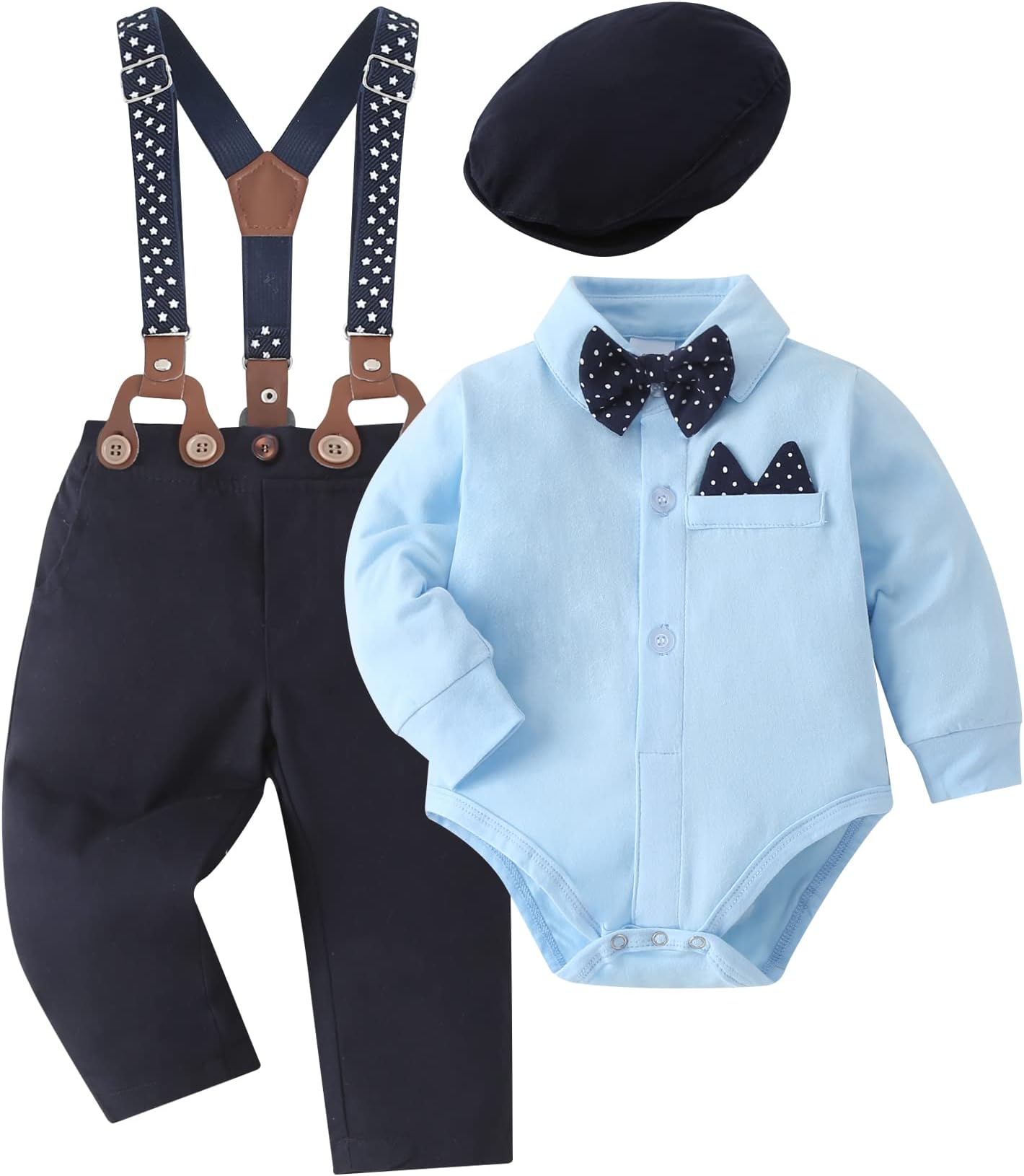 YALLET Baby Boy Clothes Set Infant Tuxedo Long Sleeve Gentleman Suit Outfits + Beret Hat + Suspender Pants + Bowtie 0-18M