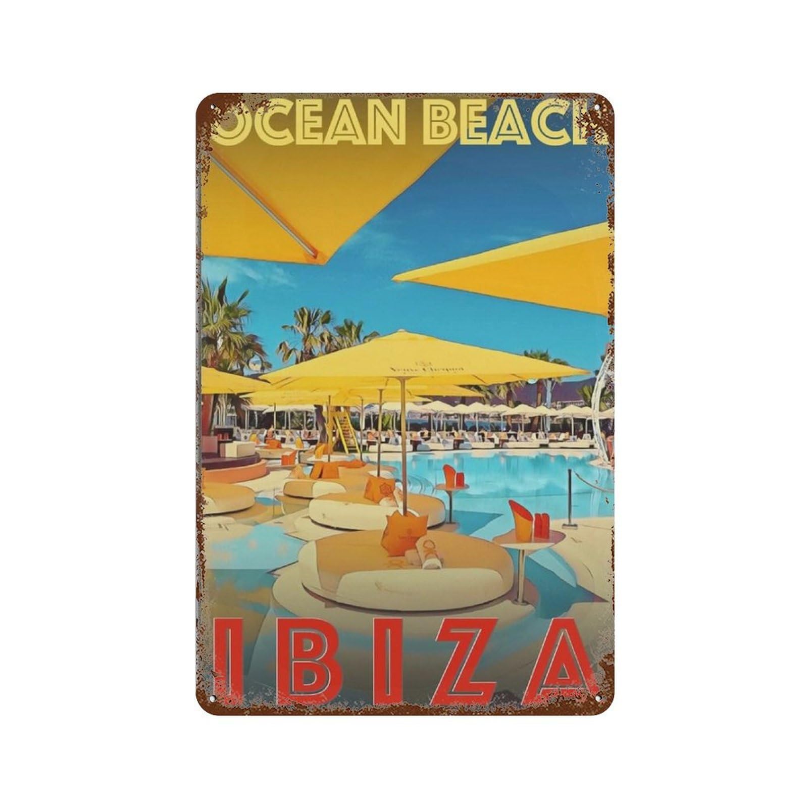 Ocean Beach Ibiza Spain,Vintage Metal Tin Sign Retro Wall Art Decor House Plaque Poster for Home Bar Pub Garden Kitchen Coffee Garage Decoration(20x30cm）8x12 inch-A27