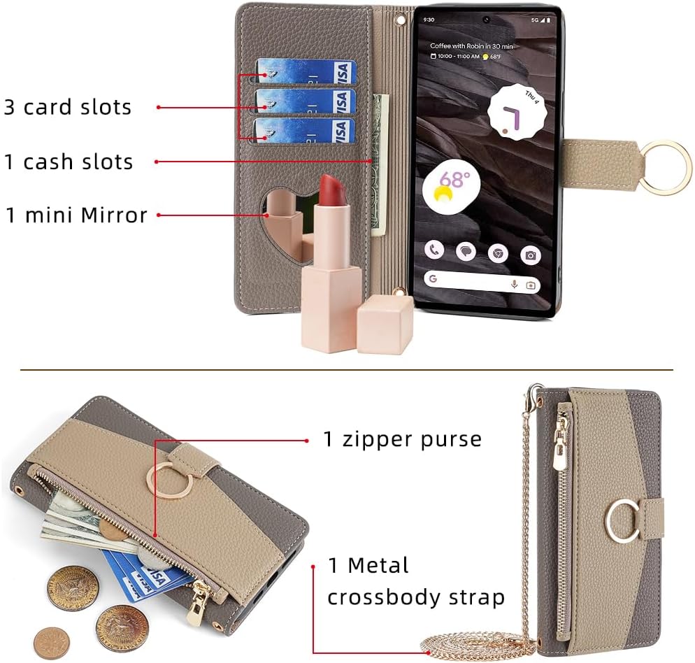 Wallet Case with Crossbody Strap Compatible for Google Pixel 8a, Magnetic Handbag Zipper Pocket Cases PU Leather Flip Shockproof Cover with Kickstand for Google Pixel 8a Gray
