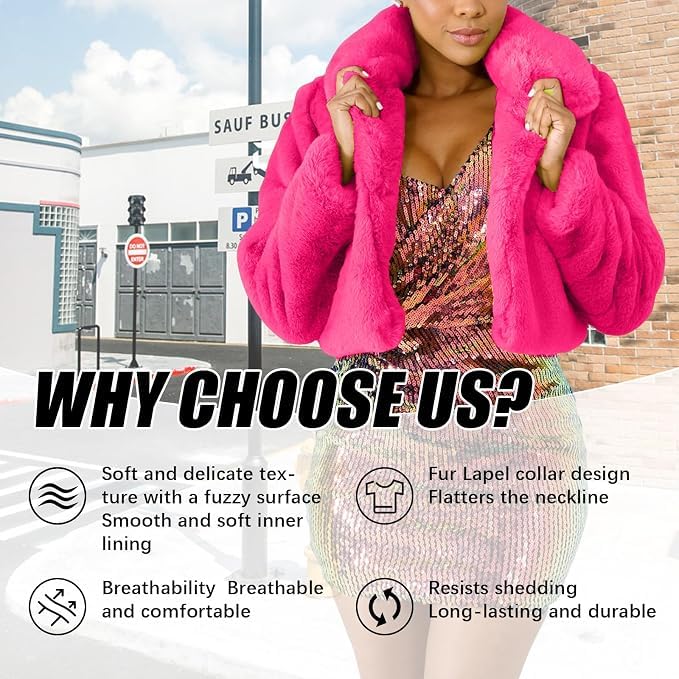 Image of RAMOUG Women Faux Fur Jacket Lapel Crop Fuzzy Coat Outerwear