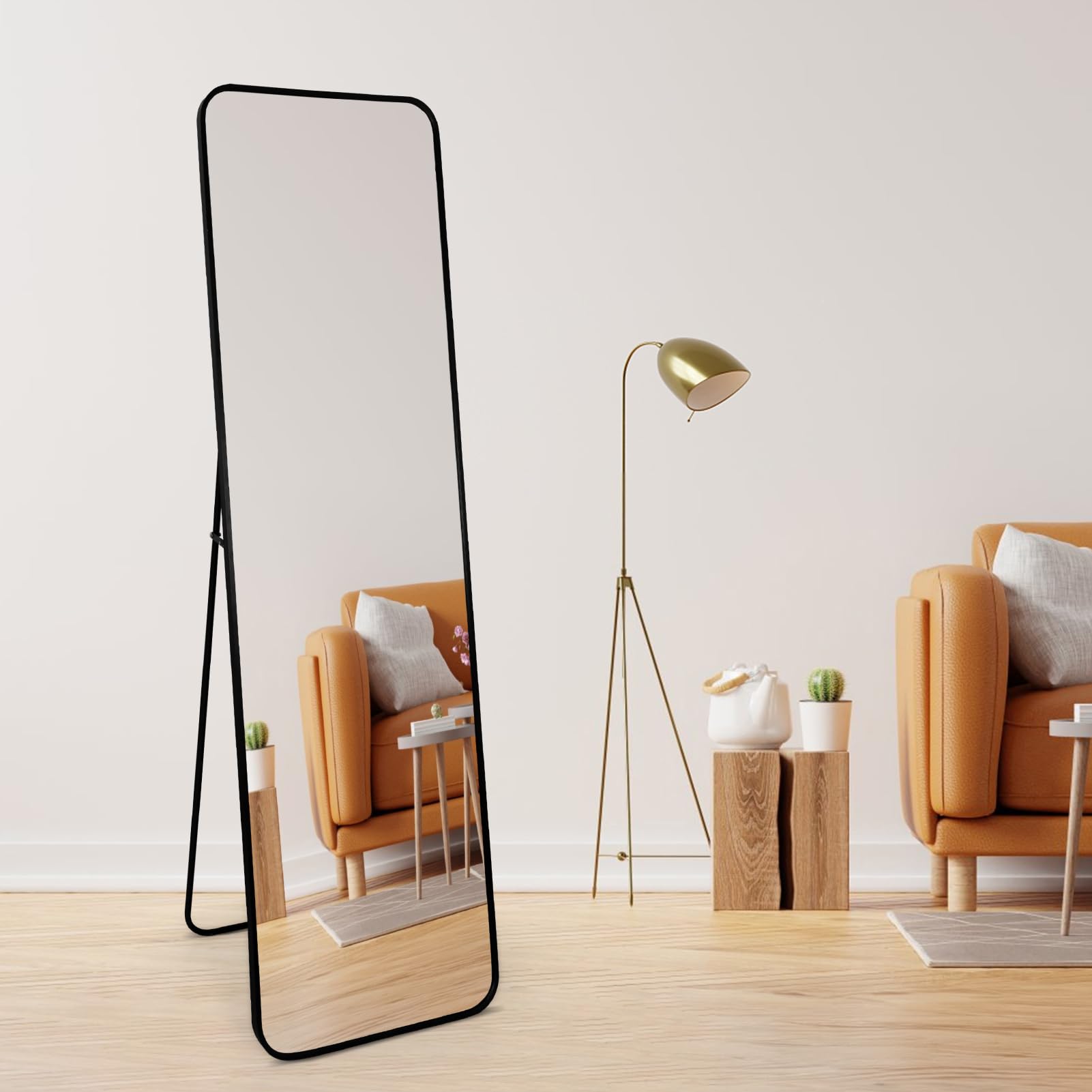 RLAVBL 140 x 40 cm Standspiegel oder Wandspiegel mit schwarzem Aluminiumrahmen, Sicherheits-Temperglas, abgerundete Ecken, für Schlafzimmer, Flur, Wohnzimmer