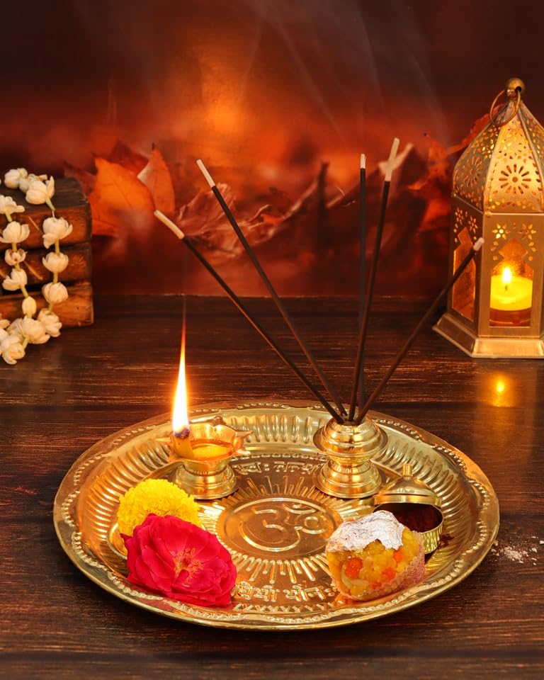 AKSHATA® Brass Puja Thali Set with Beautiful Design|Pooja Thali|Arati|Arathi|Arthi|Arathi|Bartan Thambulam Plate|Puja Set|Pooja Plate SetHome Decor|ReturnGift karwa chauth Diameter-7" Inch