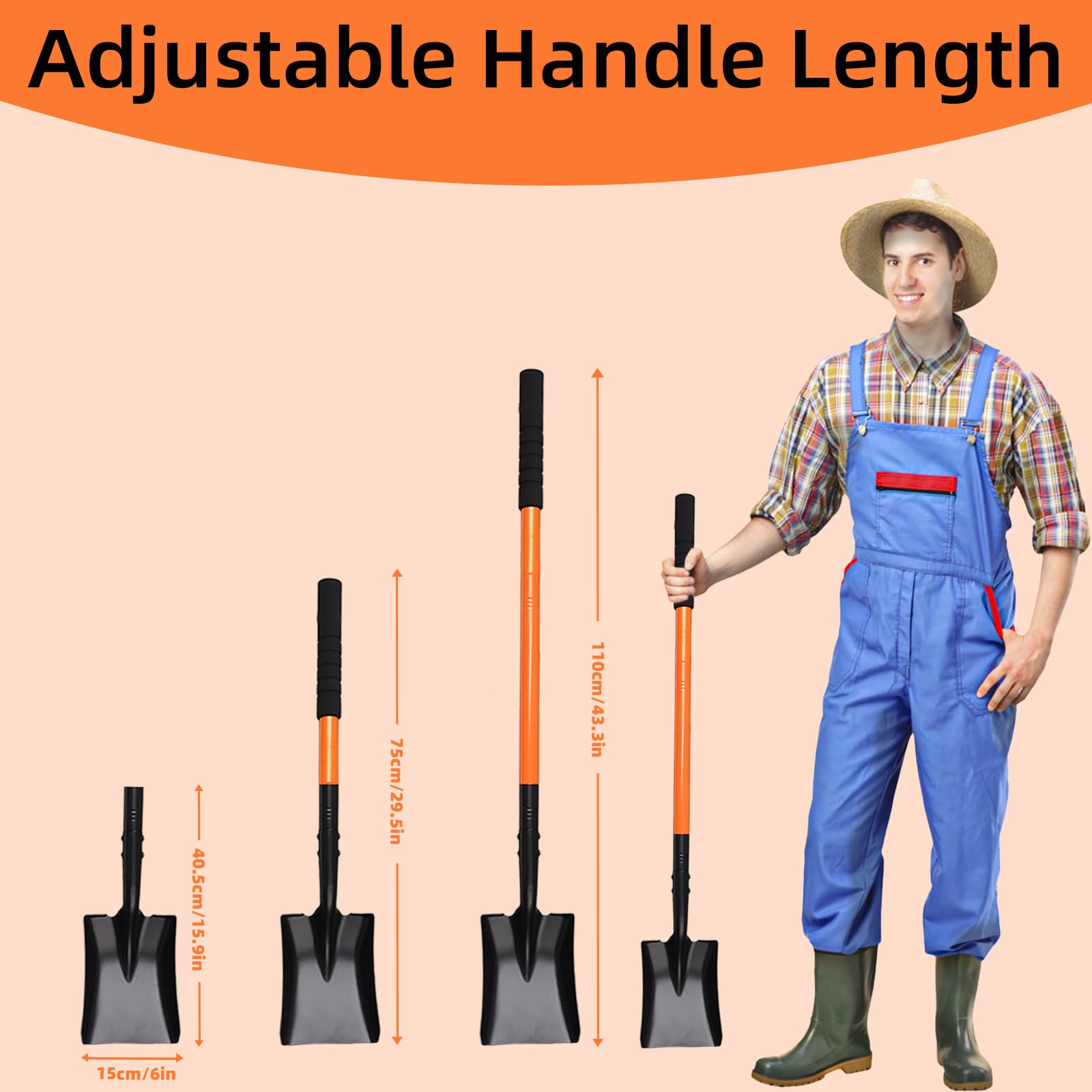 Pala cuadrada de 43.3 pulgadas, herramientas de jardín resistentes con mango de metal, pala pequeña, pala de transferencia para excavar, quitar nieve, paisajismo, agricultura, color naranja