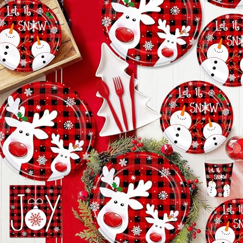 168PCS Christmas Reindeer Party Supplies Kit Xmas Cartoon Elk Party Decoration with Red and Black Plaid Snowflake Snowman Paper Plates Cups Napkins Dinnerware for Home Winter Xmas Holiday Serves 24 – Image 4