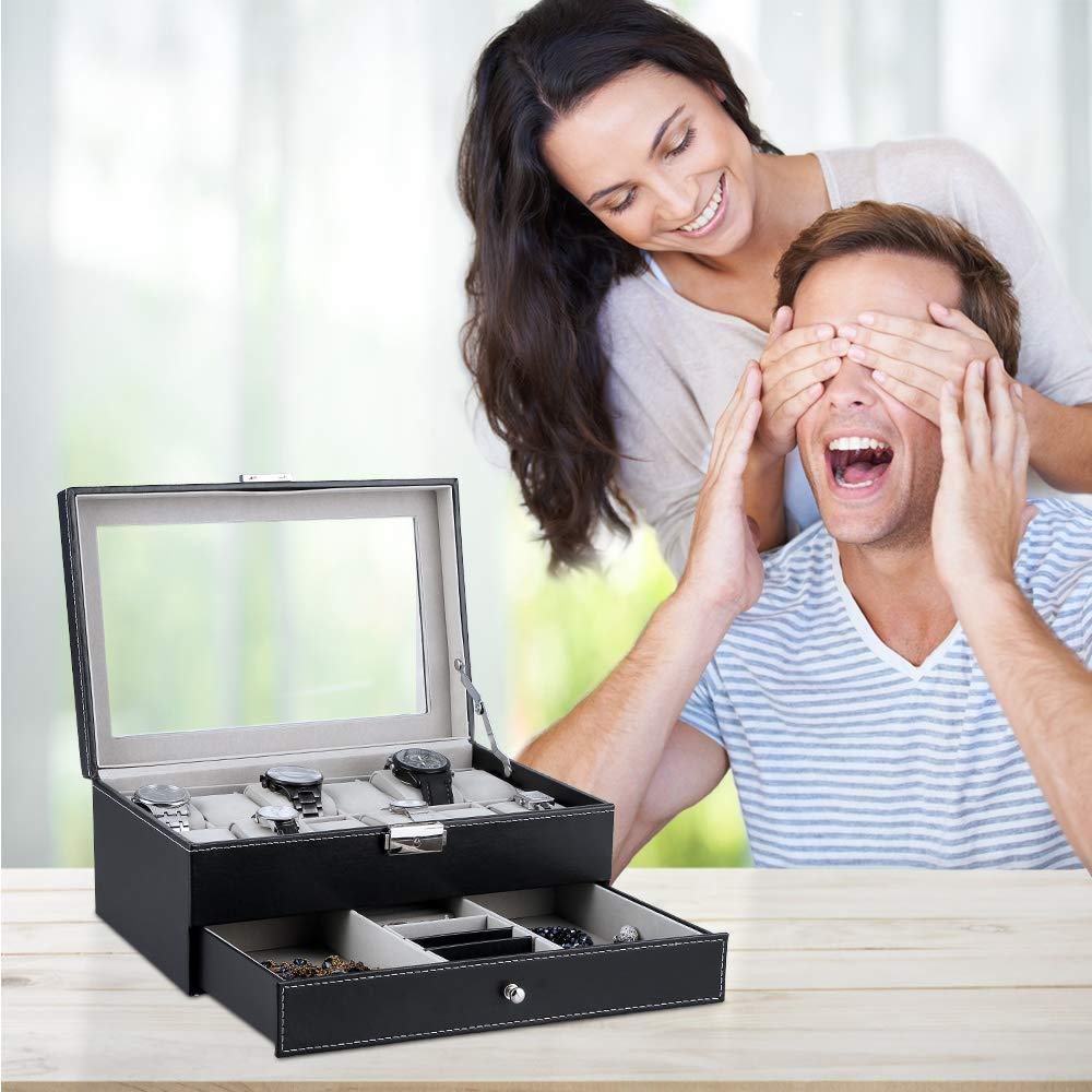 Caja de reloj con tapa de cristal para 12 relojes, joyería de doble capa, caja de almacenamiento para relojes, colección de cajas para hombres y mujeres, soporte organizador de regalo