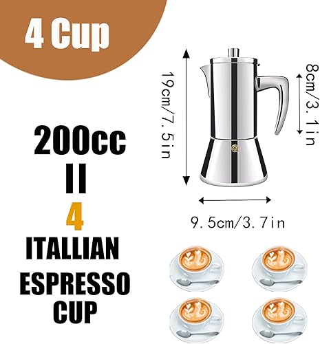 Vista 2 de Cafetera de 4 tazas de acero inoxidable 304 engrosado, cafetera de espresso para estufa, percolador italiano, máquinas de espresso capaces, cafetera