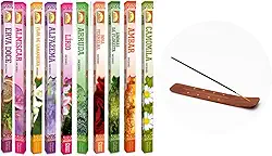 Kit 10 Incensos Massala Indianos + 1 Incensário Madeira – Aromaterapia, Meditação, Ambientes Zen, Relaxamento, Fragrâncias Naturais, Alta Durabilidade, Queima Prolongada