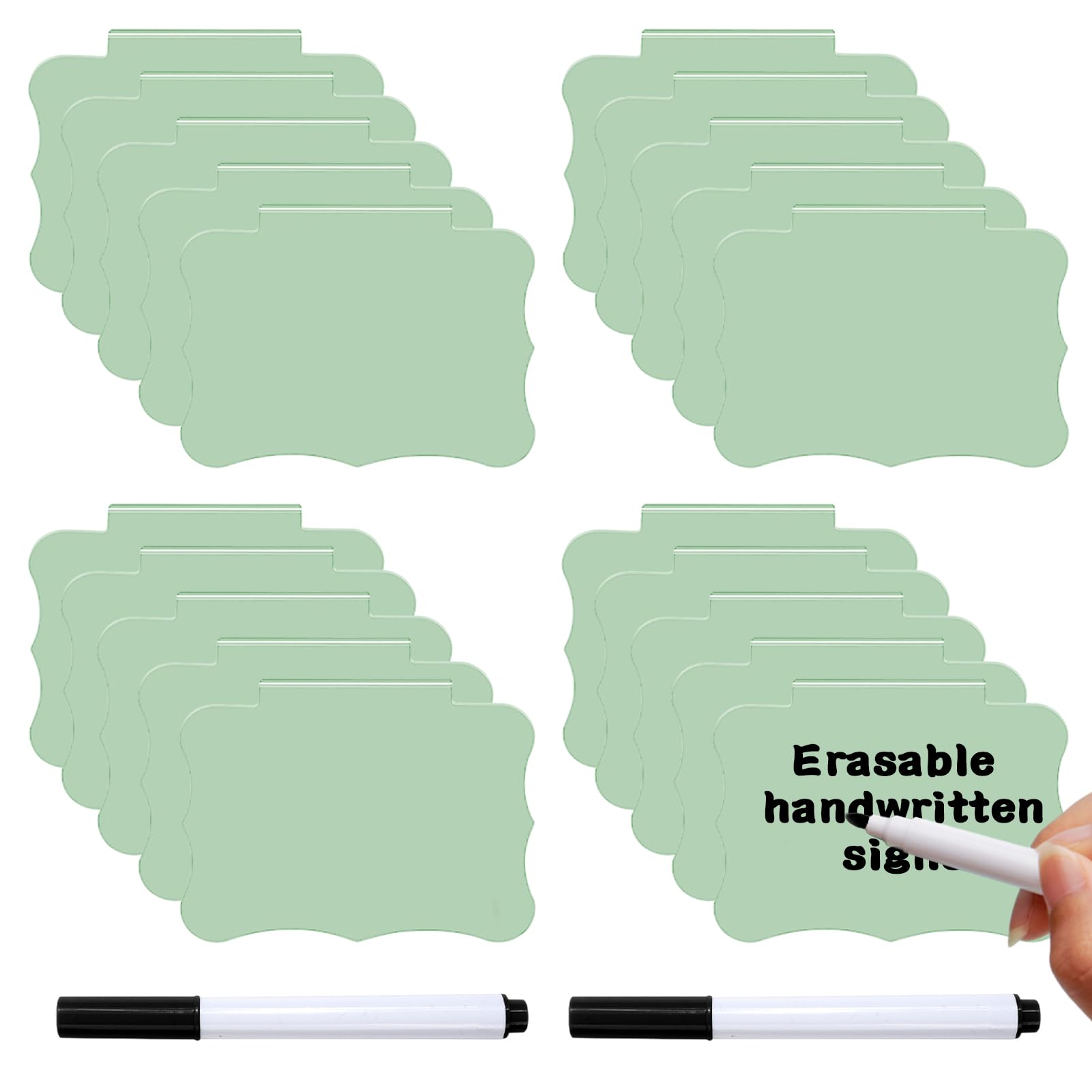 Pasdrucn 20 Pcs Plastic Basket Labels for Storage Bins, Labels for Storage Boxes, Green Removable Labels Clip on Set, Chalkboard Labels Clip with 2 Pcs Marker Pen for Laundry, Bathroom (Green)
