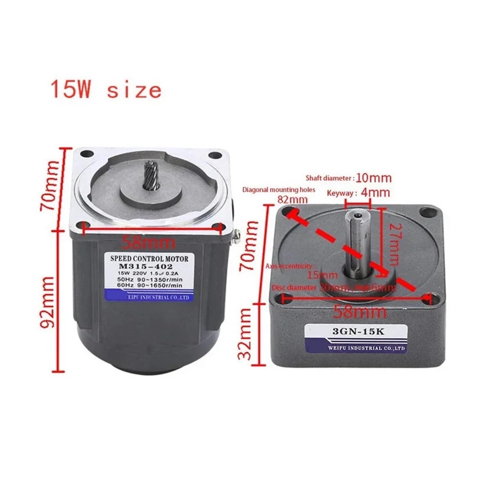 Motorreductor monofásico de CA de 220 V/110 V y 15 W, 0-450 RPM, con regulador de velocidad variable eléctrico ajustable.(Screw through,220V 150K (0-8.3)