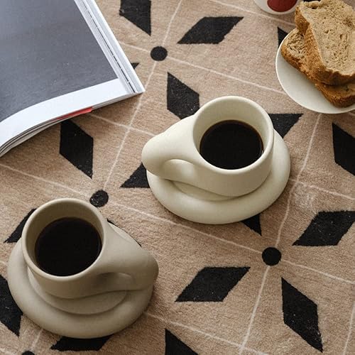 Vista 6 de WENSHUO Chubby - Taza de café divertida, taza y platillo lindo, crema mate, 9 onzas (crema mate)