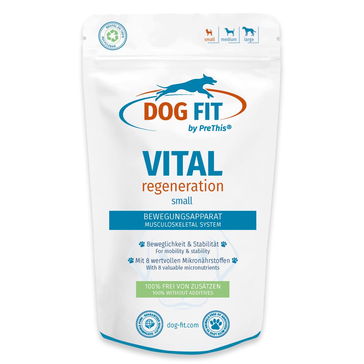 DOG FIT by PreThis® VITAL Regeneration für Hunde I Mit Kollagenpeptiden, L-Lysin, Kieselerde, Schachtelhalm, Vitamin C, B5, B7 für den Bewegungsapparat I small <10 kg I 60 Kapseln