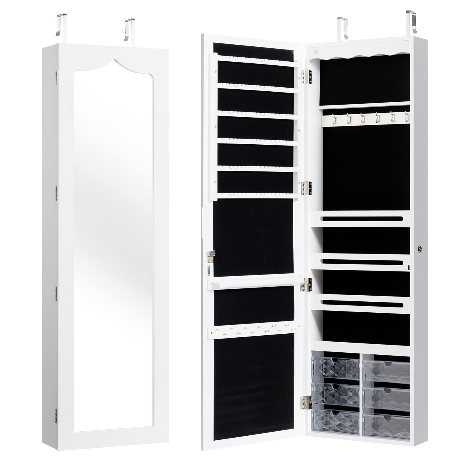 GYMAX Armadietto Portagioie da Parete, con Luci a LED e Specchio, 6 Cassetti, Serratura di Sicurezza, Grande Spazio per Collane e Gioielli, 36,5 x 11,5 x 120 cm (bianco)