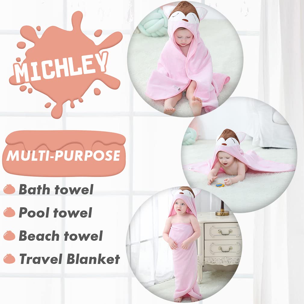MICHLEY Toalla de baño unisex con capucha para bebé de algodón suave para la playa de 0 a 6 años, diseño de zorro rosa