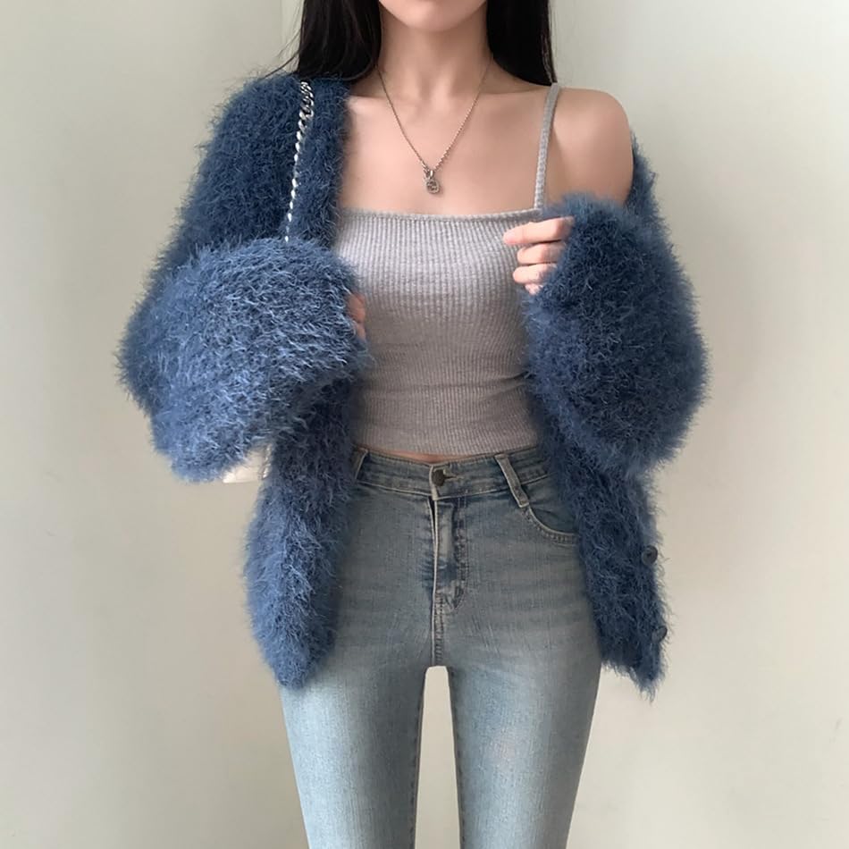 Image of Mohair Cardigan for Women - Fuzzy Open Front Oversized Faux Fur Coquette Sweater